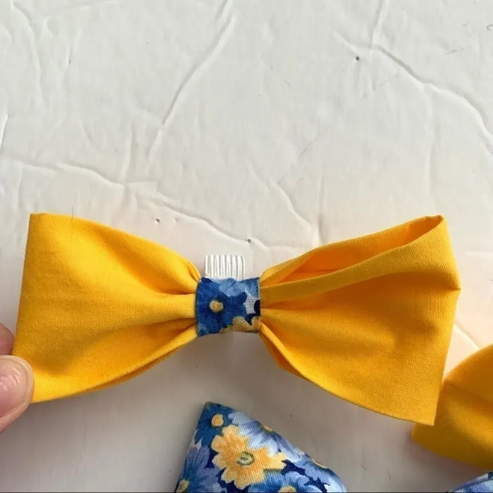Handmade Set of 3 Dog Bows for Collar Blue & Yellow Floral 4 x 2 inches